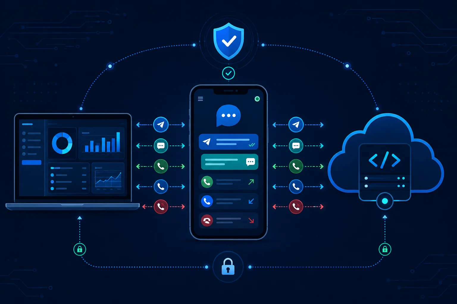 The secure SMSMobileAPI mobile app connecting a phone to the web dashboard and REST API for SMS and call operations