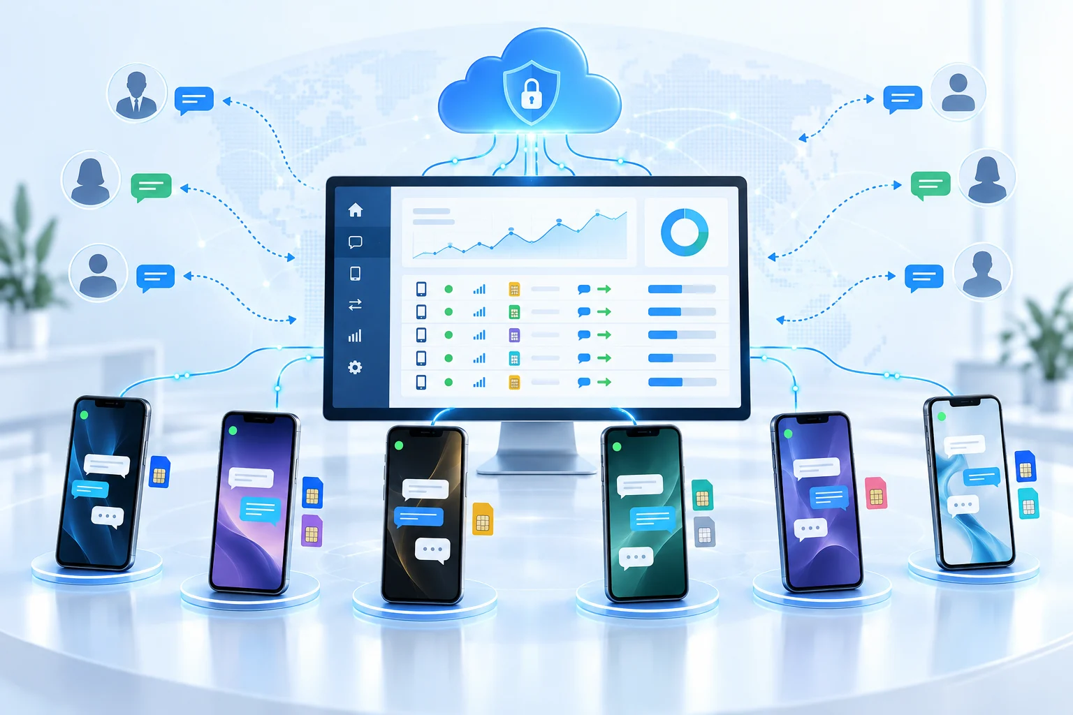 Multiple mobile phones connected to one SMSMobileAPI dashboard for centralized SMS routing