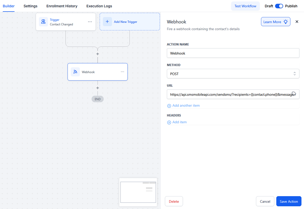 GHL-Webhook-Konfigurationsbeispiel mit POST-Methode und SMSMobileAPI-URL.