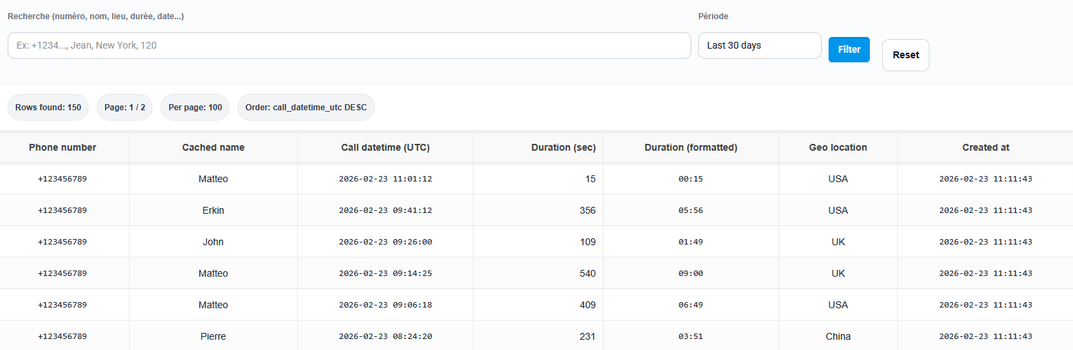 SMSMobileAPI dashboard outgoing calls log list with filters and search
