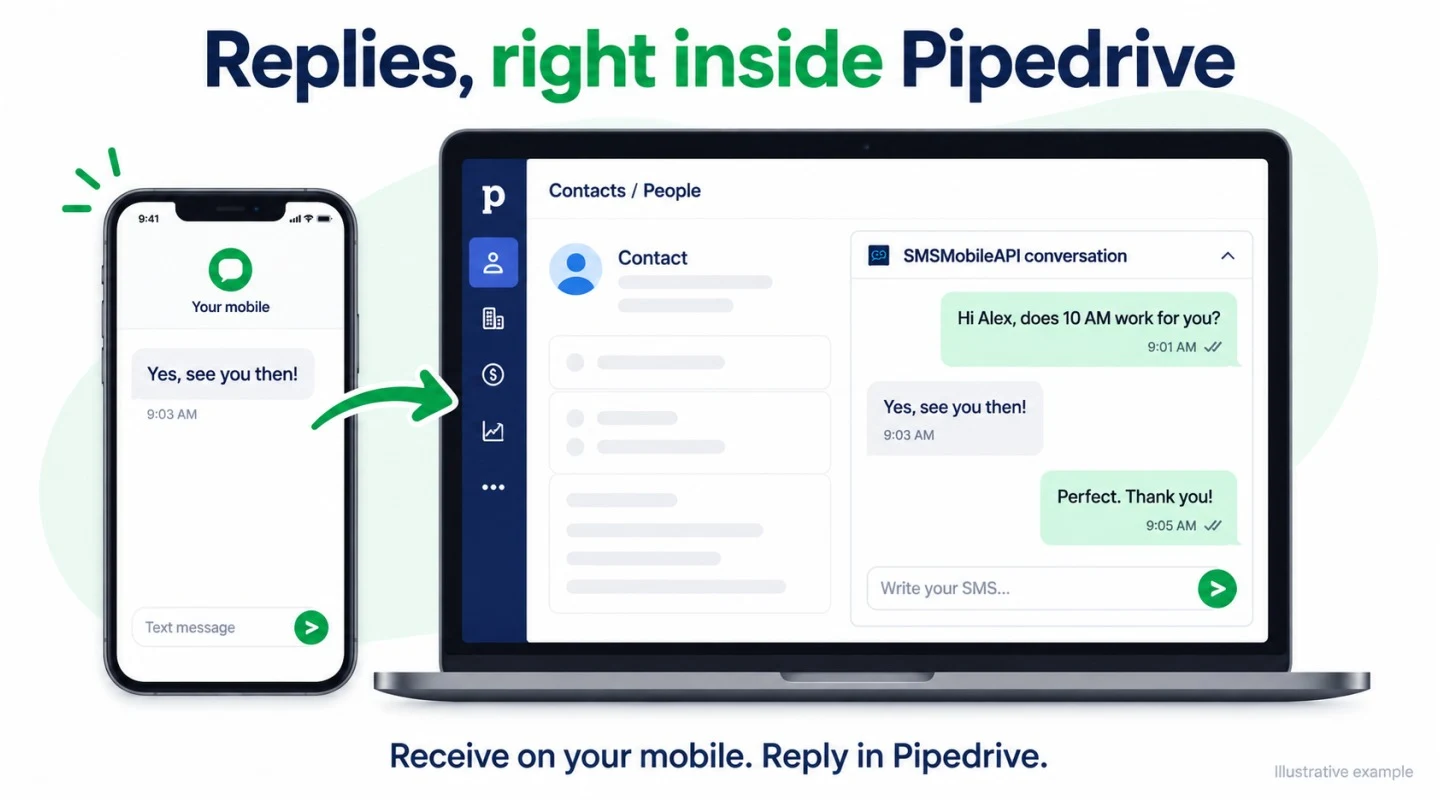 Yhteyshenkil&ouml;si &rarr; mobiilisi &rarr; SMSMobileAPI &rarr; vastaava Pipedrive-yhteyshenkil&ouml;. Vastaus saapuu normaalina SMS-puhelimellasi ja synkronoi sen j&auml;lkeen CRM:lle.