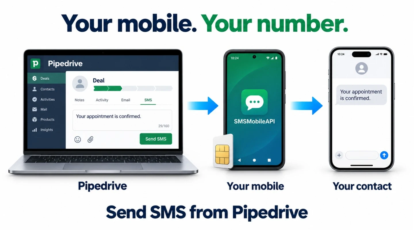 Pipedrive &rarr; SMSMobileAPI &rarr; yhdistetty mobiili &rarr; yhteystietosi. Puhelimesi l&auml;hett&auml;&auml; SMS:n k&auml;ytt&auml;en SIM:&auml;&auml; ja matkapuhelinnumeroa.