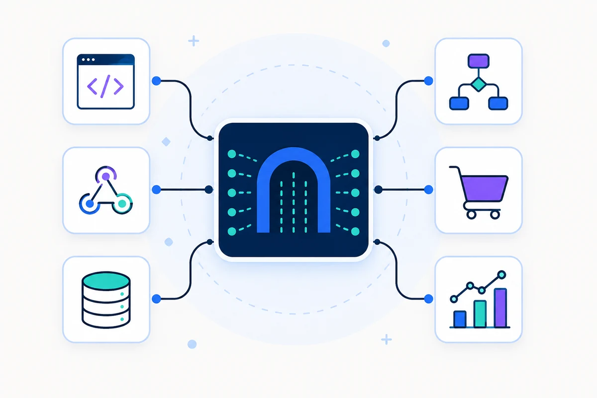 En central API gateway-tilslutningskode, webkroge, applikationer og databaser
