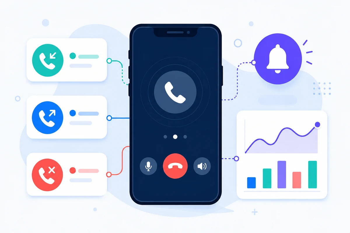 Ein verbundenes Telefon, das Anrufereignisse, Benachrichtigungen und Live-Analysen verwaltet