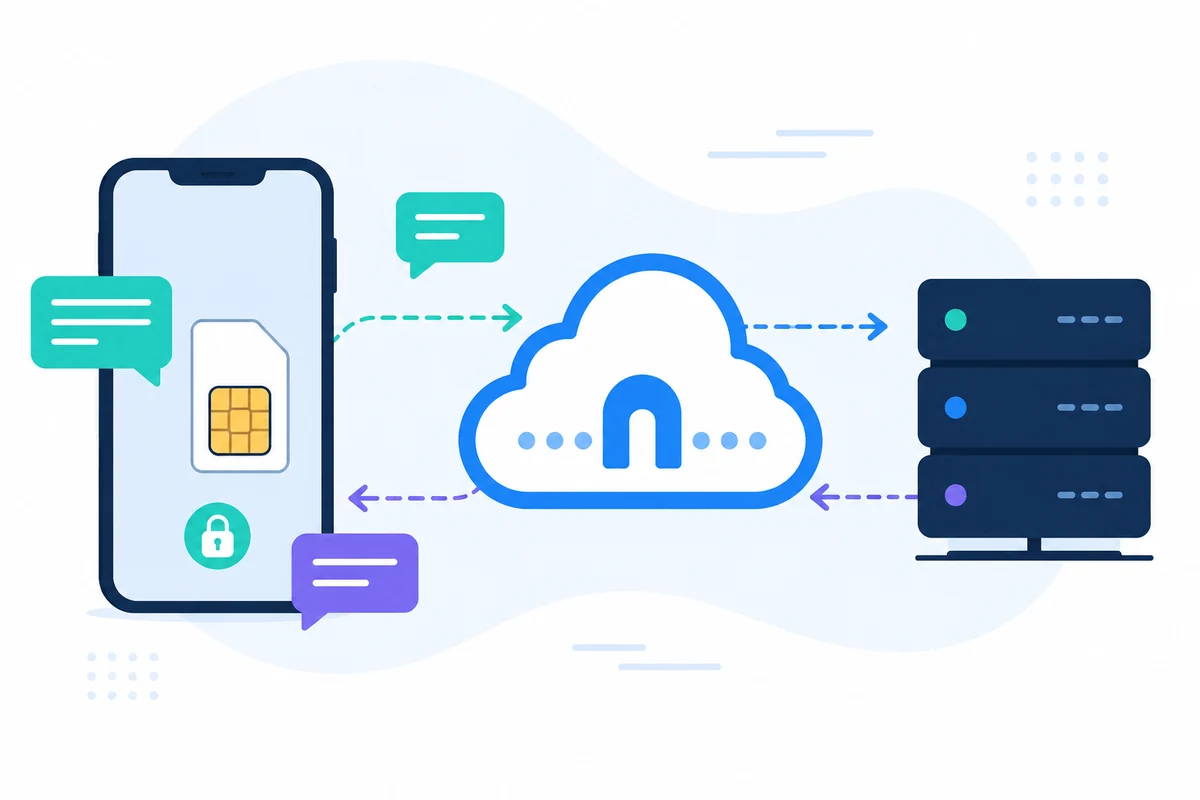 En mobiltelefon tilsluttet en sikker SMS gateway og cloud infrastruktur