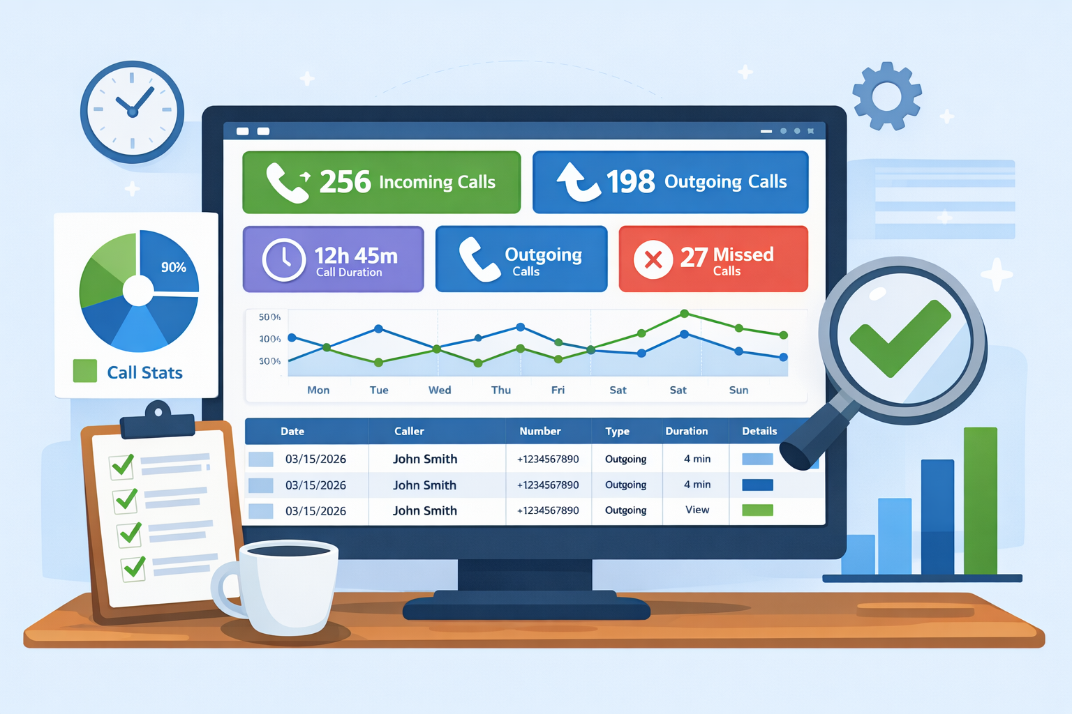 لوحة إحصائيات المكالمات في SMSMobileAPI تعرض تحليلات المكالمات الواردة والصادرة