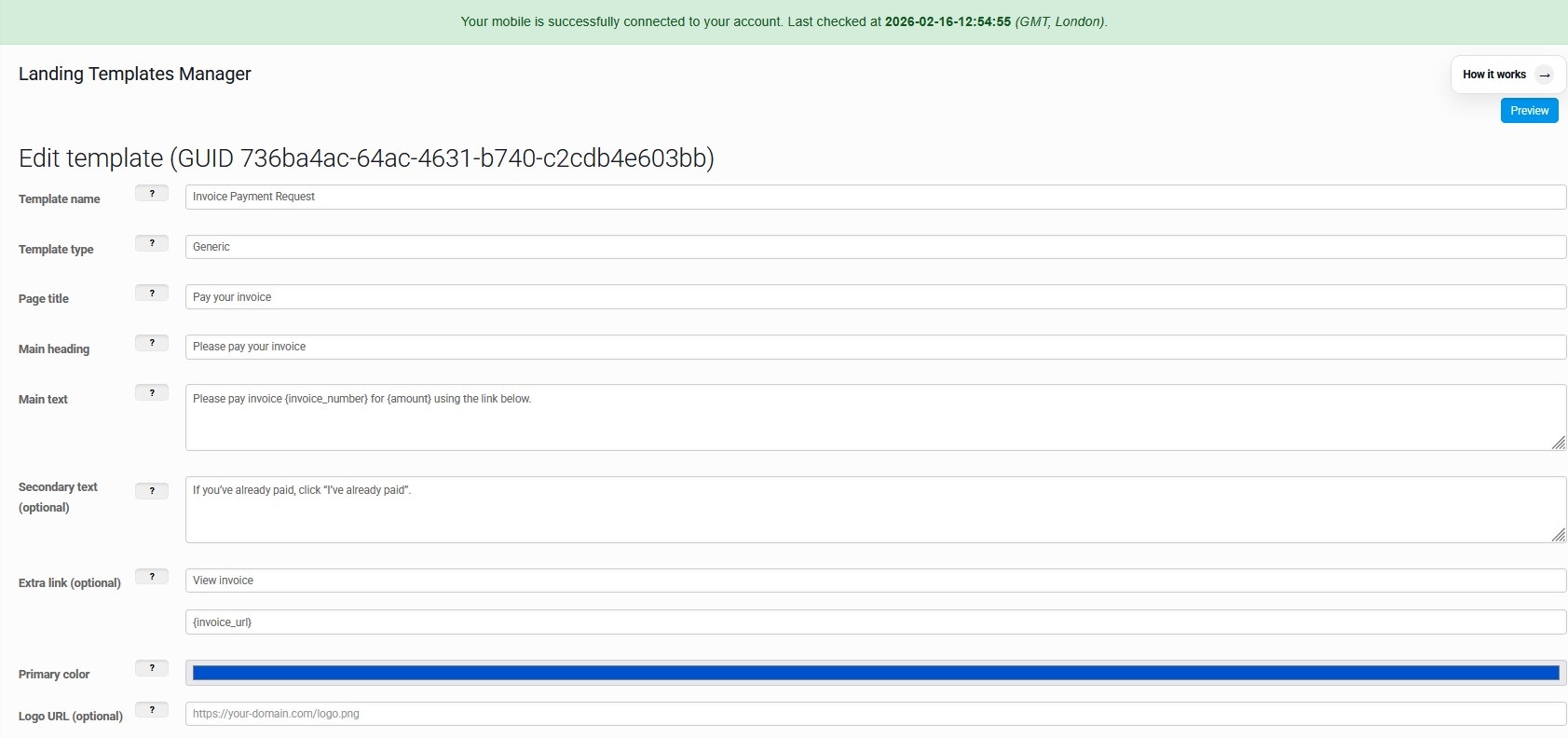 Edit template screen