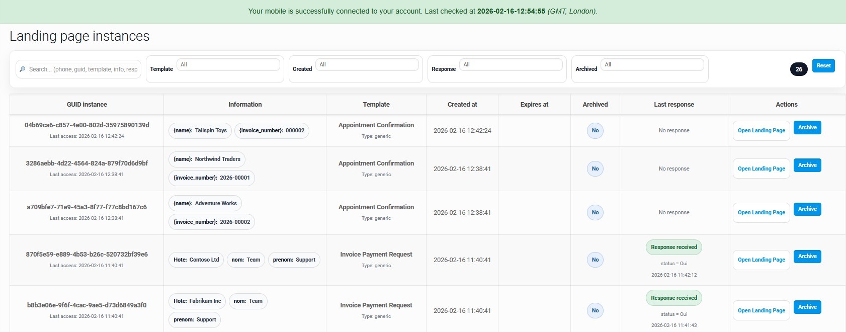 Landing page instances list