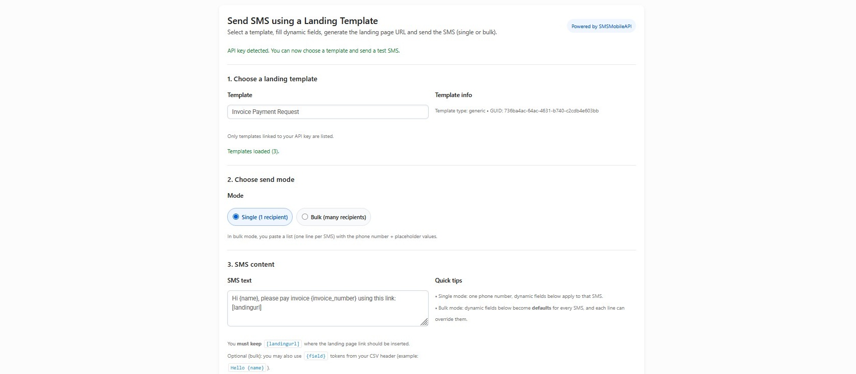Send SMS using a Landing Template