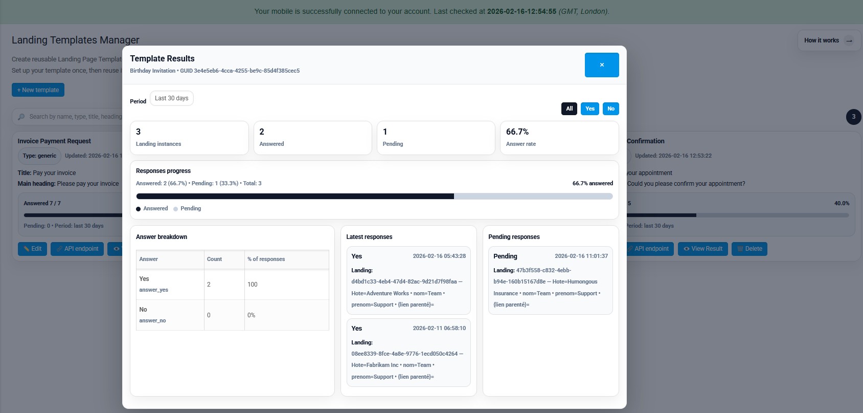 Template results analytics modal