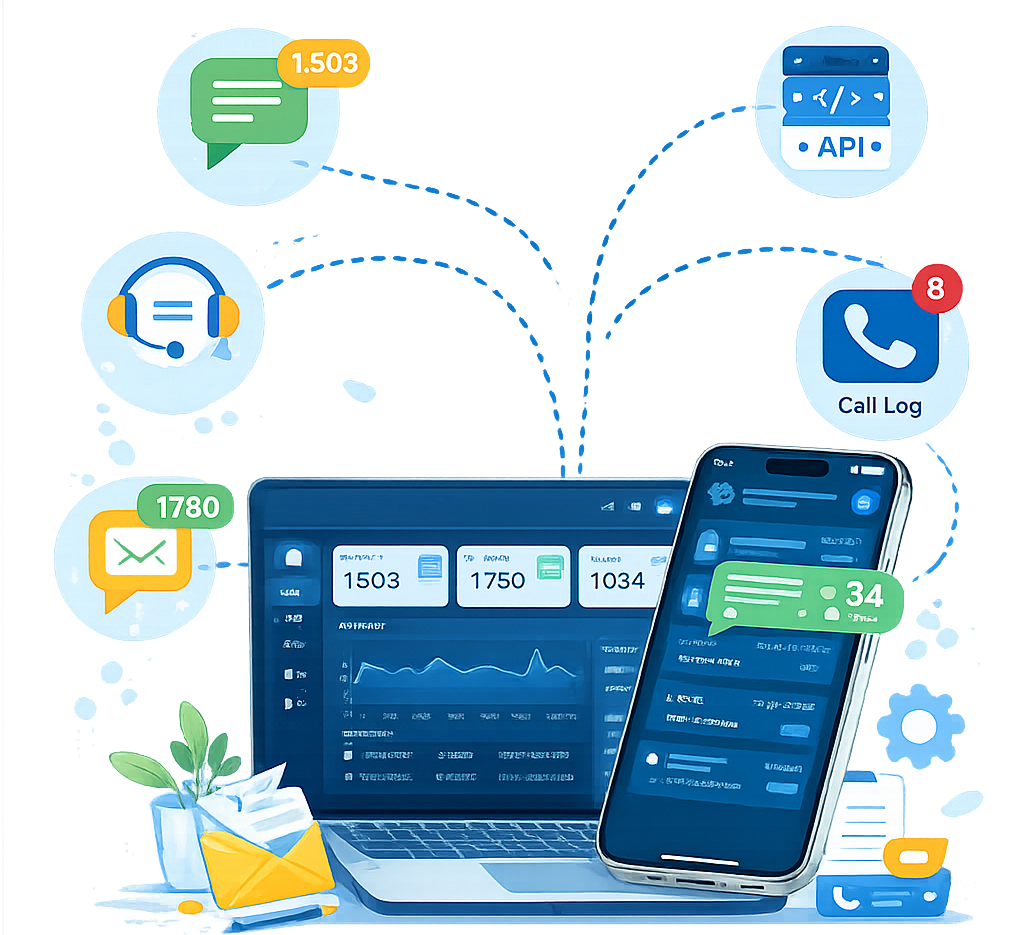 SMSMobileAPI mobiili tekstiviestiyhdyskäytävä ja puheluidenhallinta-alusta